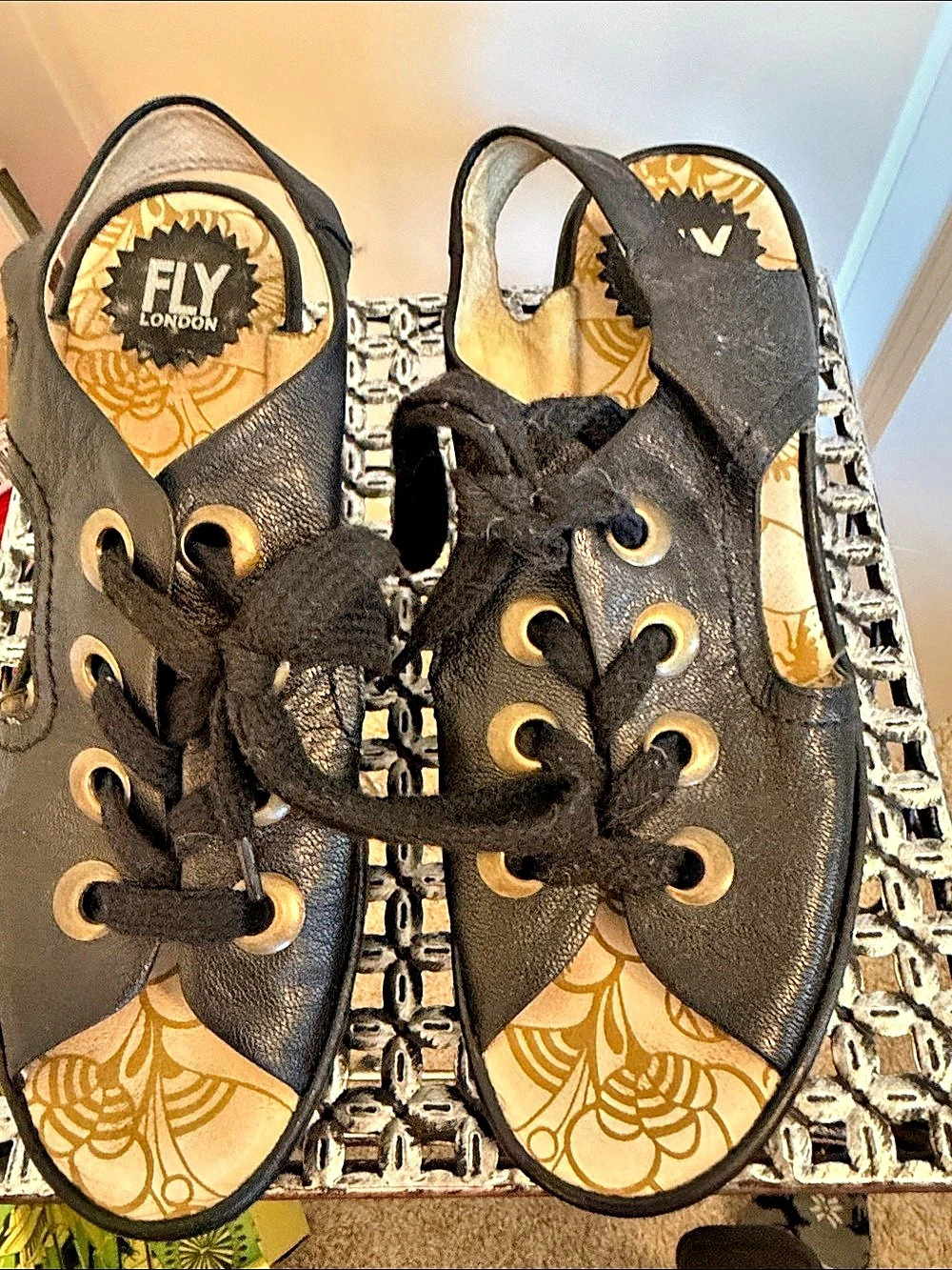Fly London Black & Gold Lace-Up Wedge Sandals 39